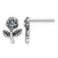 Sterling Silver Rhodium-plated Antiqued w/Blue CZ Flower Post Earrings