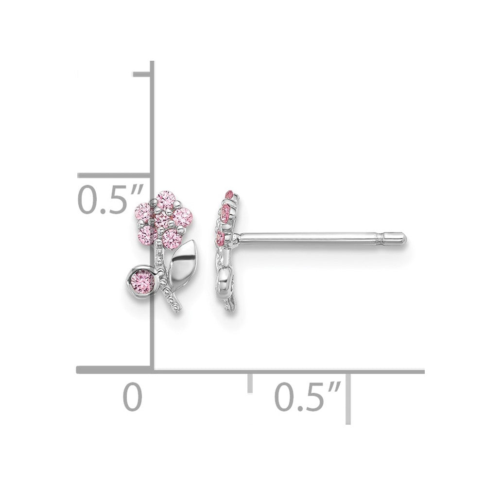 Sterling Silver Rhodium-plated Polished Pink CZ Flower Post Earrings