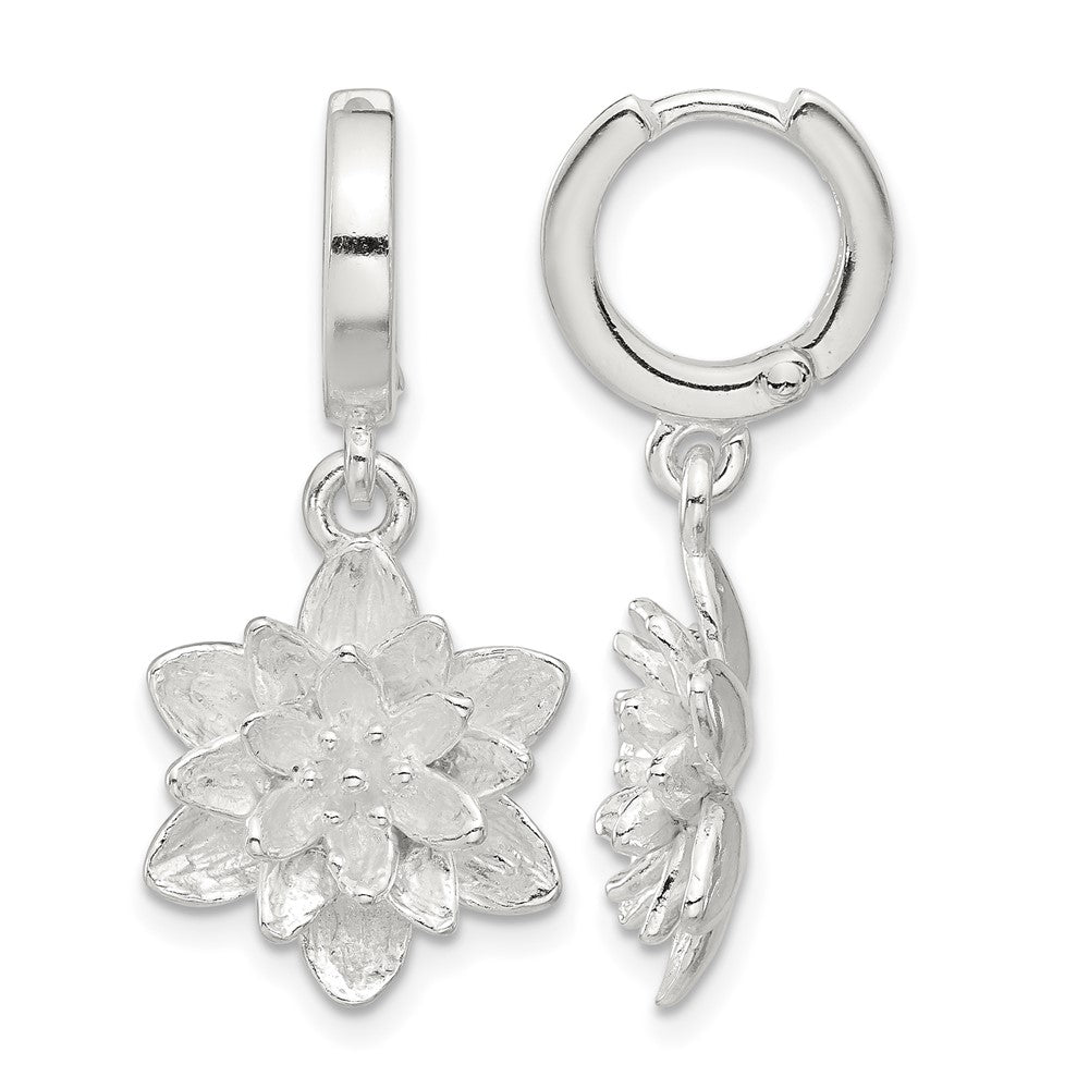 Sterling Silver Lotus Flower Dangle Hinged Hoop Earrings