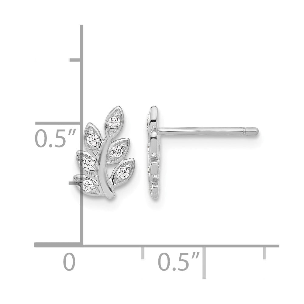 Sterling Silver Rhodium-plated CZ Leaf Post Earrings
