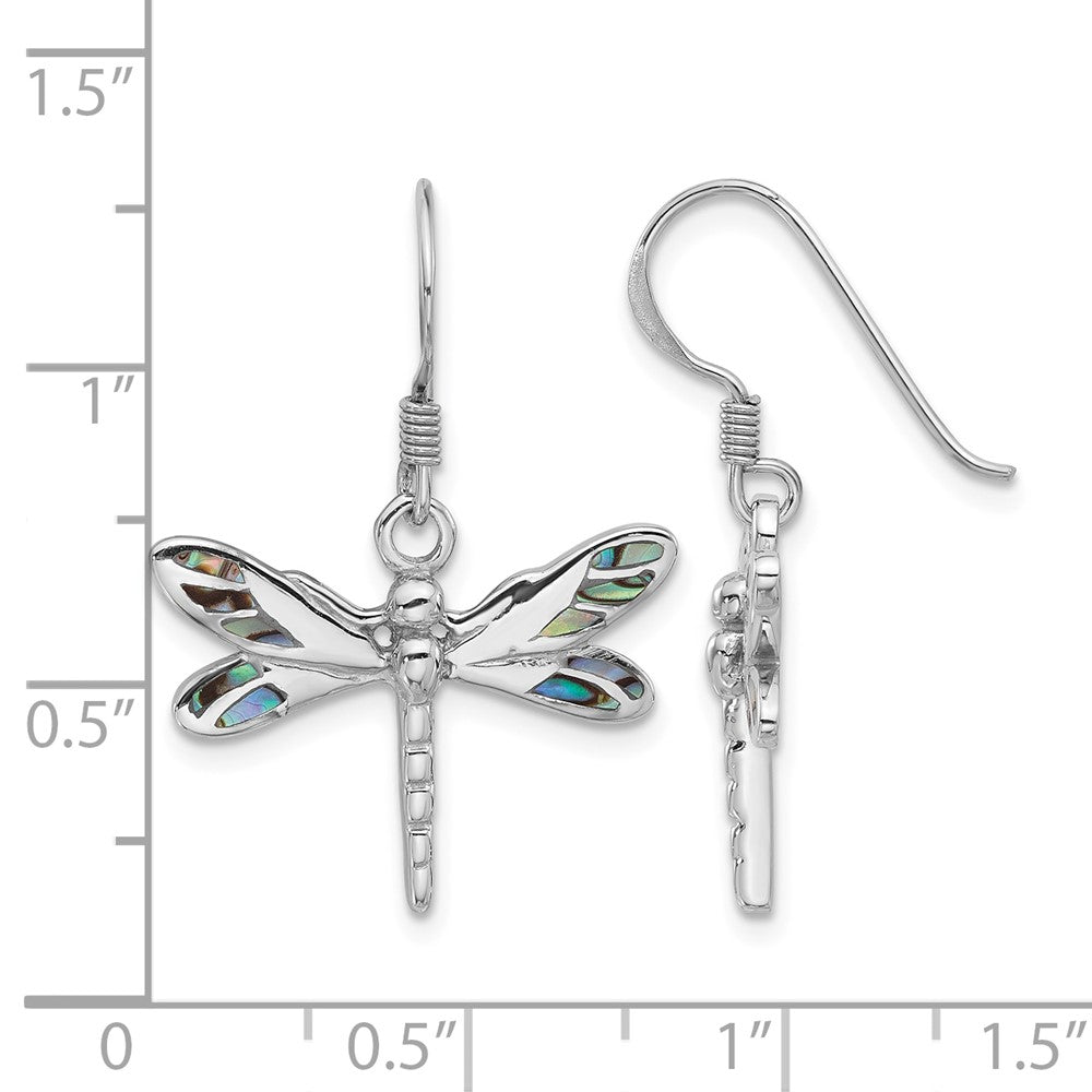 Sterling Silver Rhodium-Plated Polished Abalone Dragonfly Earrings