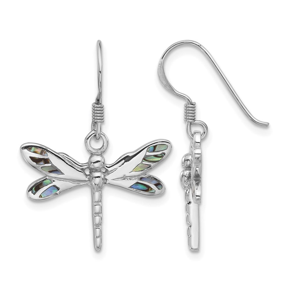 Sterling Silver Rhodium-Plated Polished Abalone Dragonfly Earrings