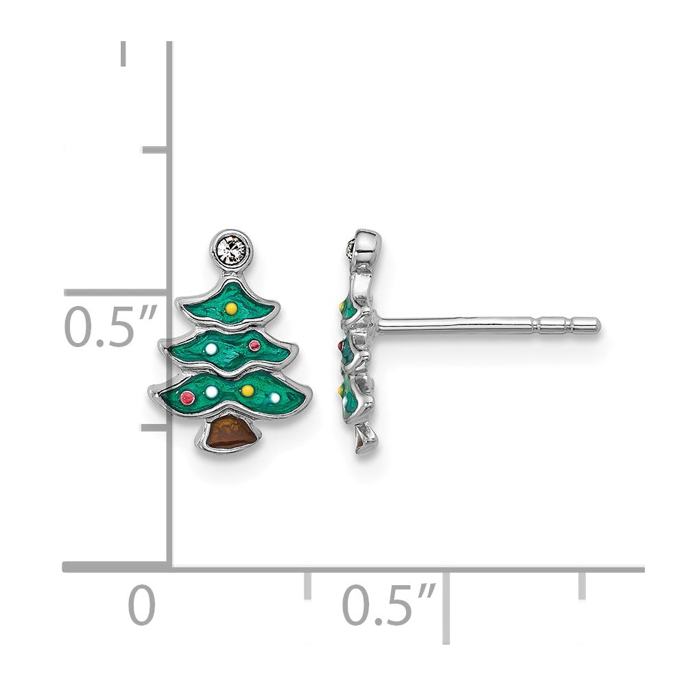 Sterling Silver Rh-plated Green Enamel Crystal Christmas Tree Post Earrings