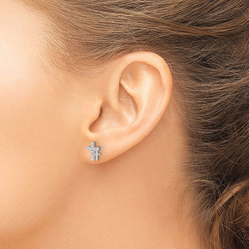 Sterling Silver Rhodium-plated Polished CZ Double Cross Post Earrings