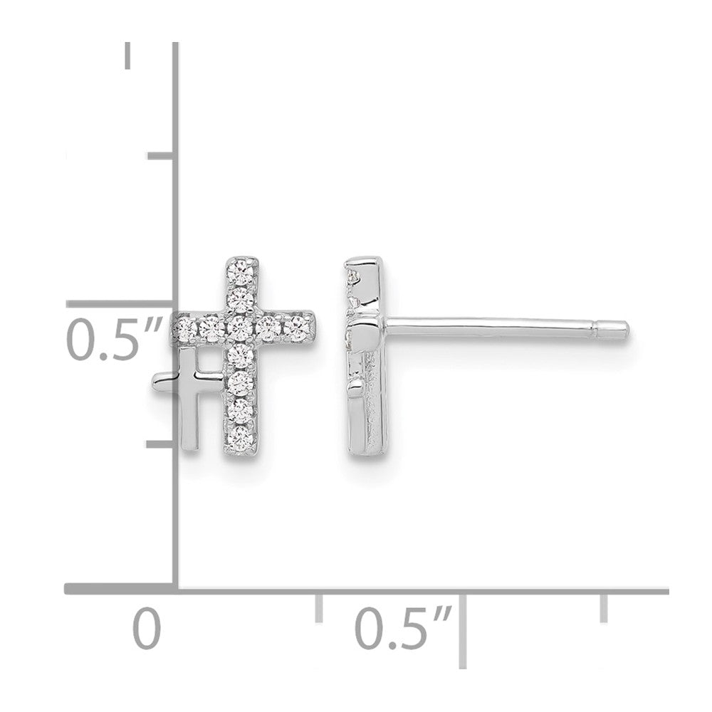 Sterling Silver Rhodium-plated Polished CZ Double Cross Post Earrings