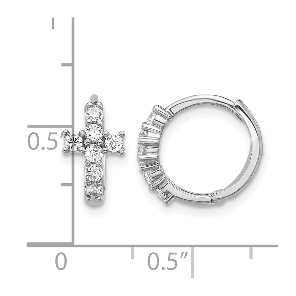 Sterling Silver RH-plated Polished CZ Cross Hinged Round Hoop Earrings