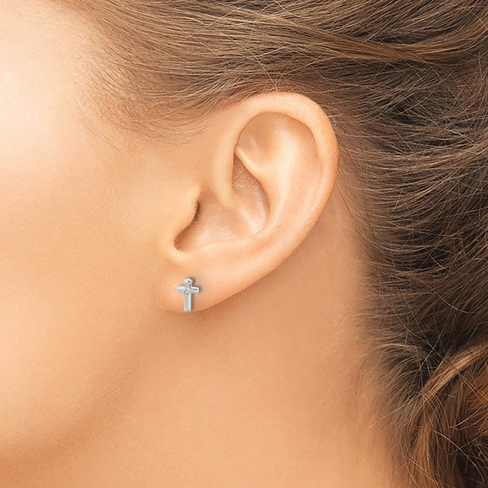 Sterling Silver Rhodium-plated Polished CZ Cross Post Earrings