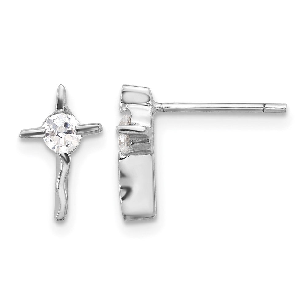 Sterling Silver Rhodium-plated Polished CZ Wavy Cross Post Earrings