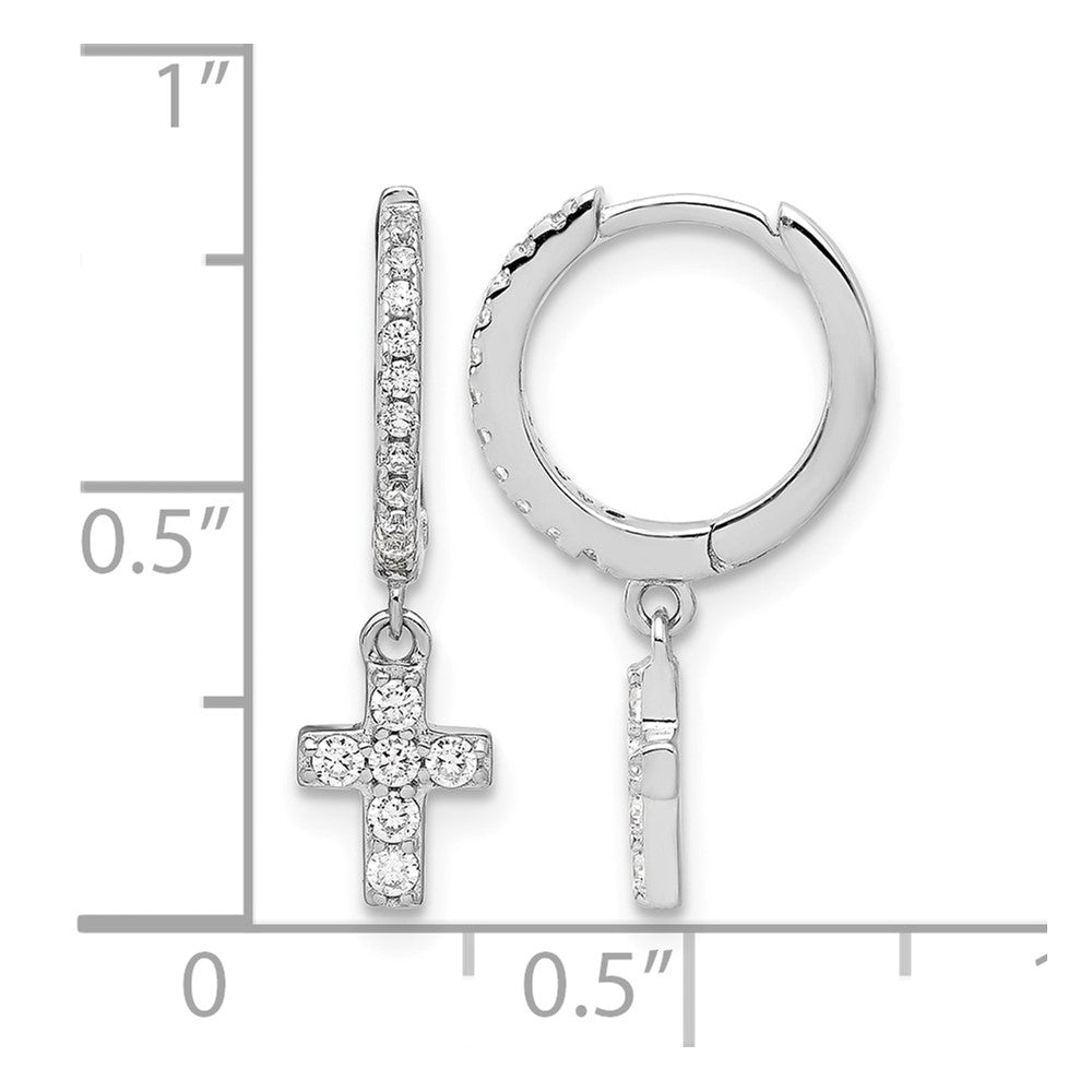 Sterling Silver RH-plated Polished CZ Cross Dangle Round Hoop Earrings