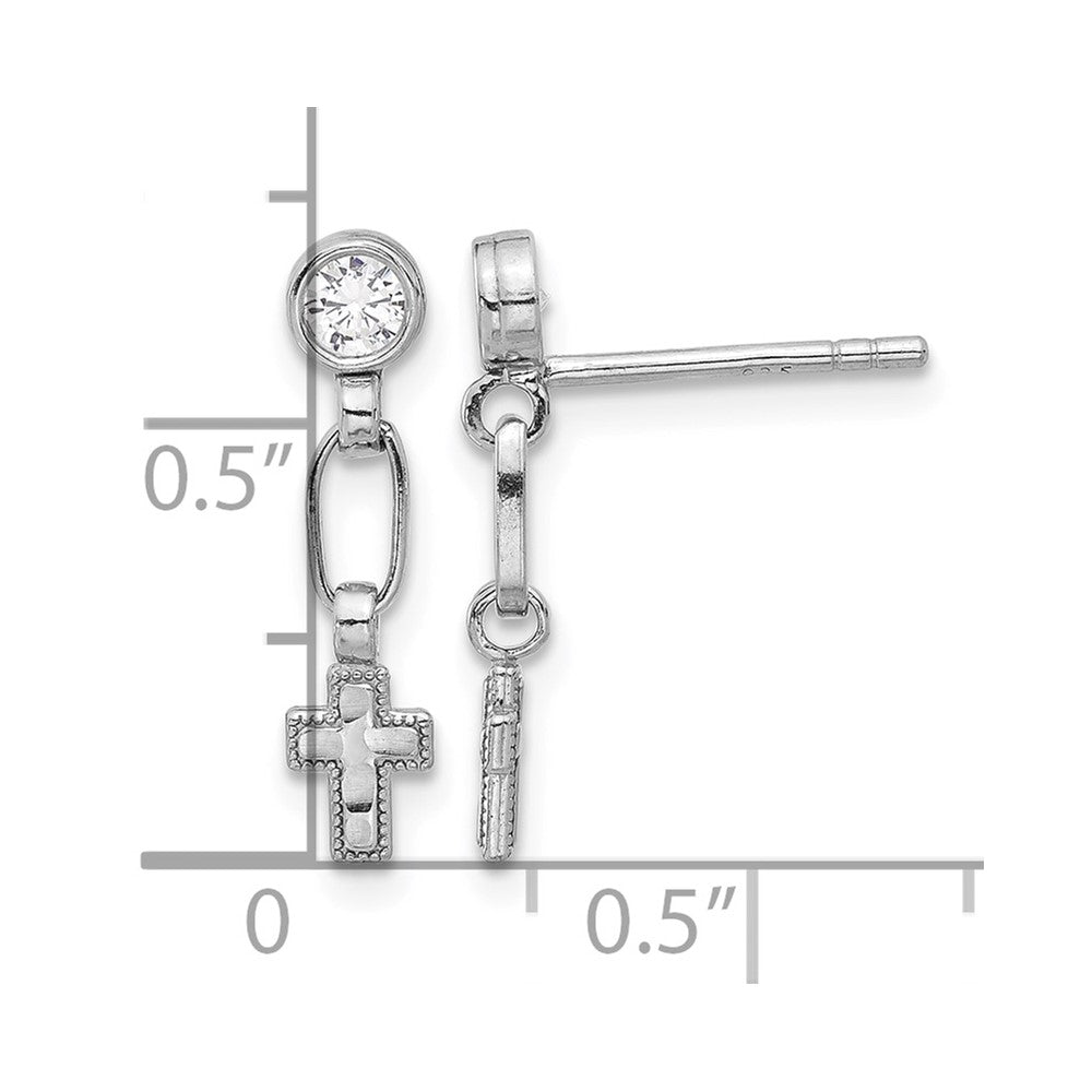 Sterling Silver RH-plated Polished & Textured CZ Cross Post Dangle Earrings