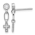 Sterling Silver RH-plated Polished & Textured CZ Cross Post Dangle Earrings