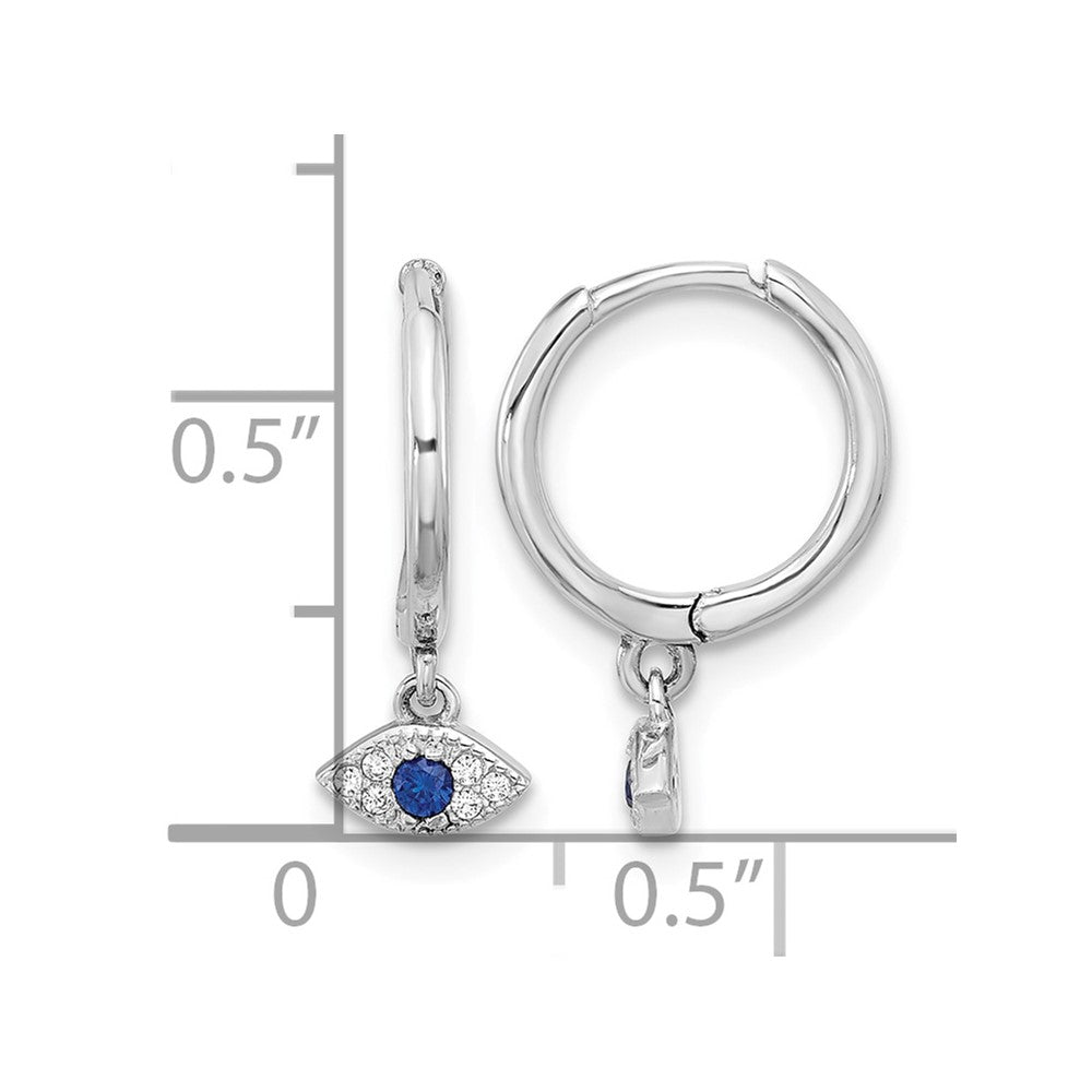 Sterling Silver RH-plated Blue & White CZ Evil Eye Dangle Hoop Earrings