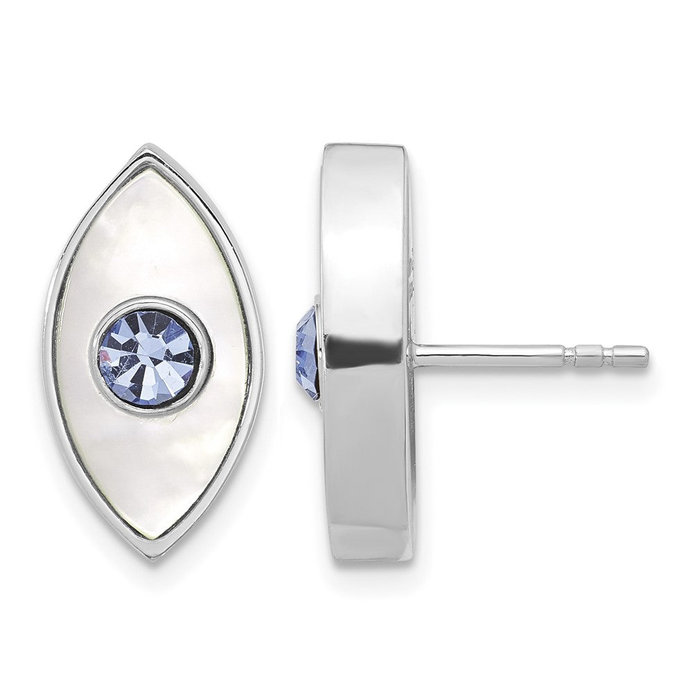 Sterling Silver RH-plated Polished MOP & Blue Crystal Evil Eye Post Earring