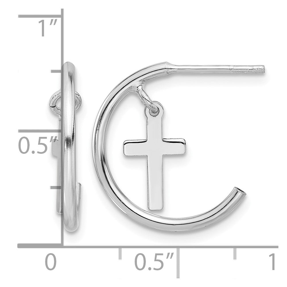 Sterling Silver Rhodium-plated Polished Cross Dangle Post C-Hoop Earrings