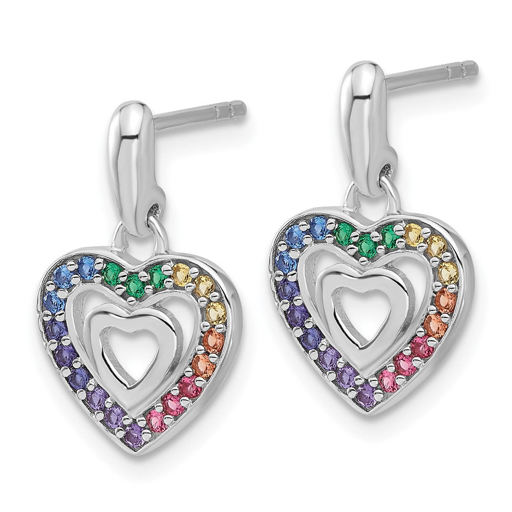 Sterling Silver RH-pltd Multi-color Crystal Heart Dangle Earrings
