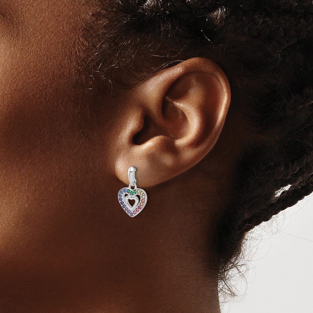Sterling Silver RH-pltd Multi-color Crystal Heart Dangle Earrings