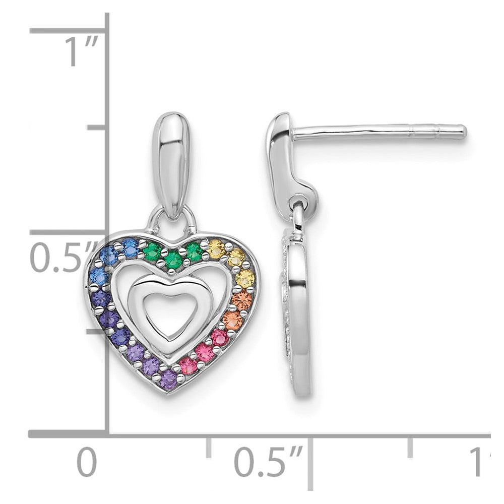 Sterling Silver RH-pltd Multi-color Crystal Heart Dangle Earrings