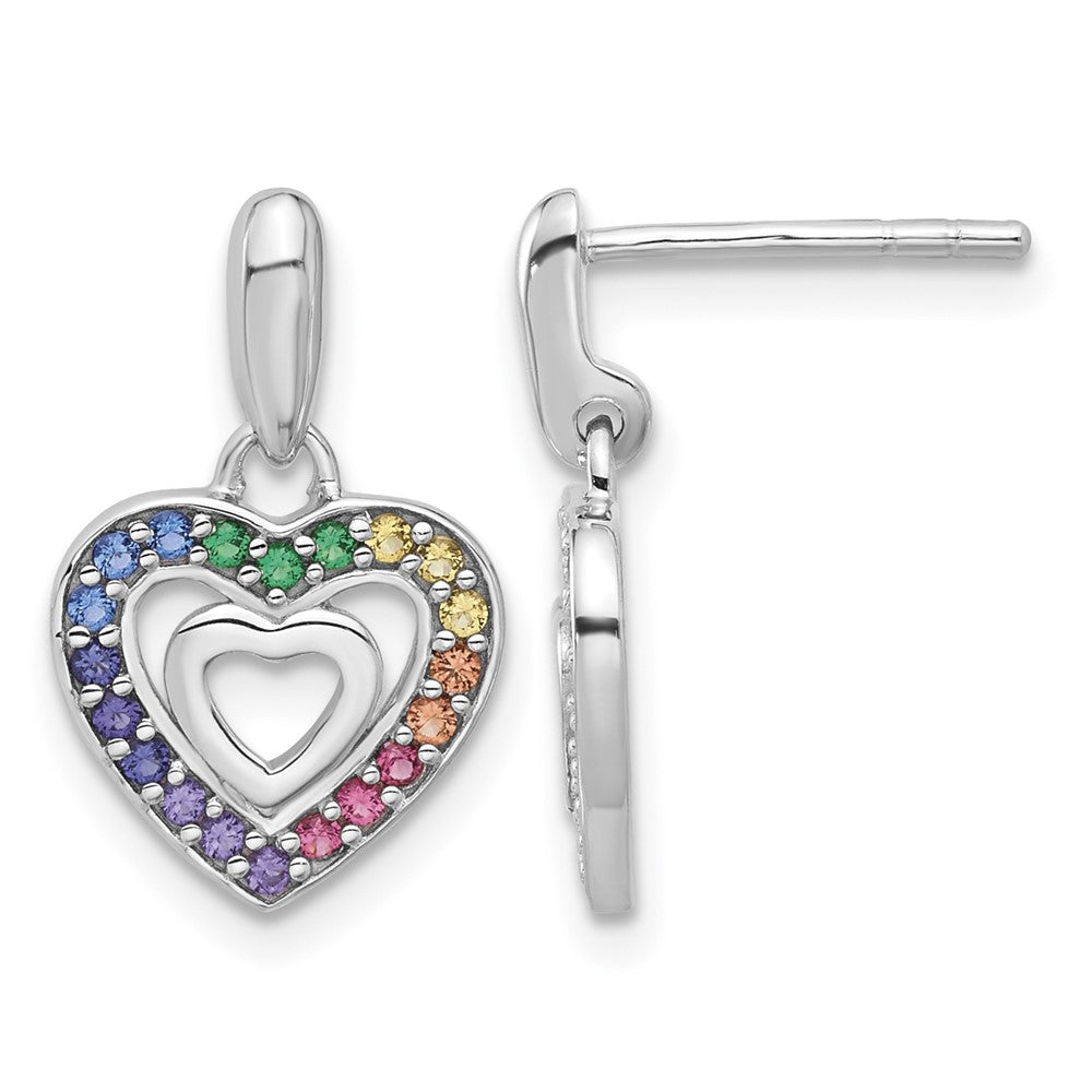 Sterling Silver RH-pltd Multi-color Crystal Heart Dangle Earrings