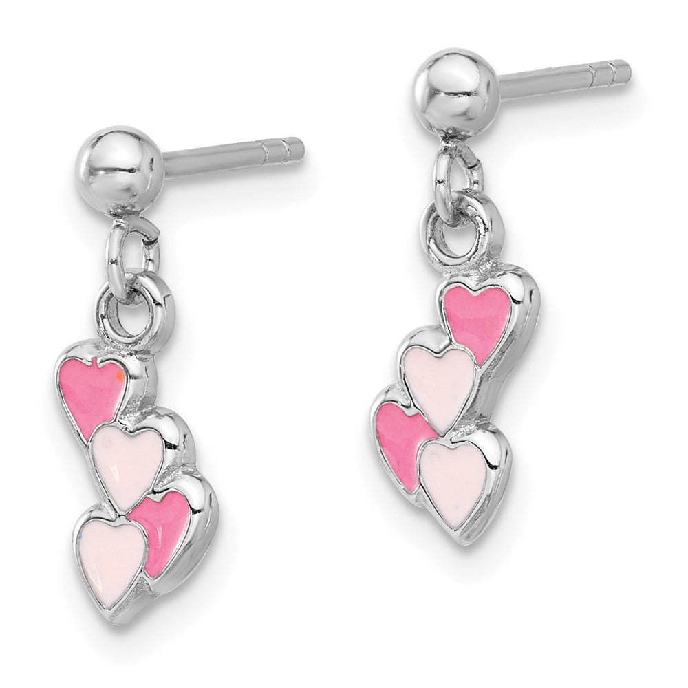 Sterling Silver Rhodium-plated Pink Enameled Hearts Post Dangle Earrings