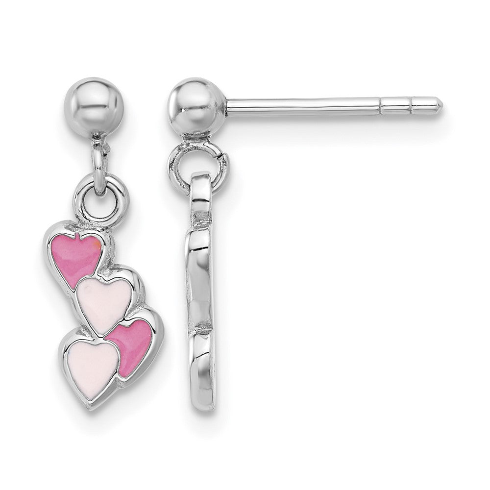 Sterling Silver Rhodium-plated Pink Enameled Hearts Post Dangle Earrings