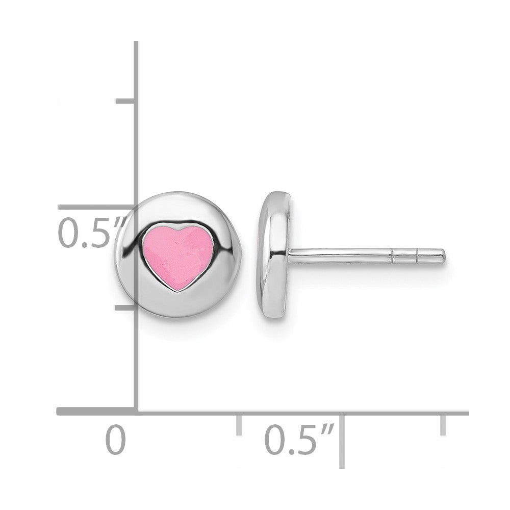 Sterling Silver Rhodium-plated Pink Enameled Heart Circle Post Earrings