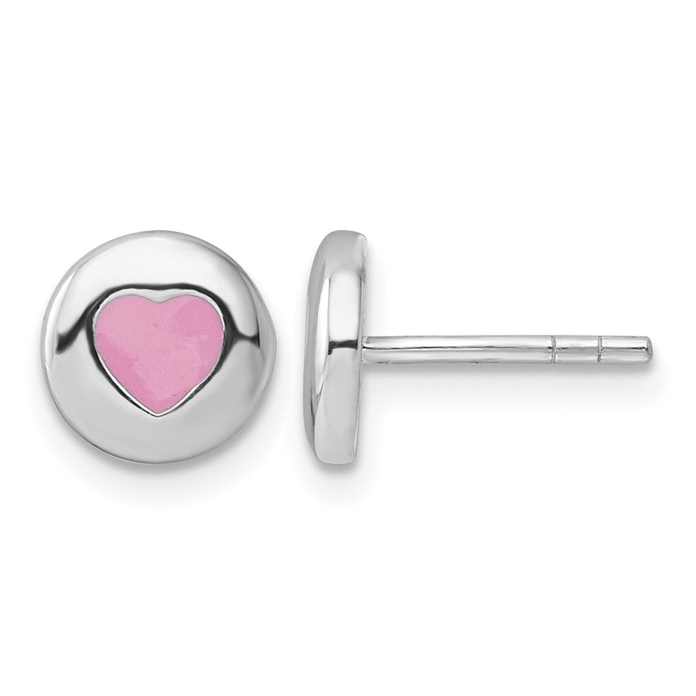 Sterling Silver Rhodium-plated Pink Enameled Heart Circle Post Earrings