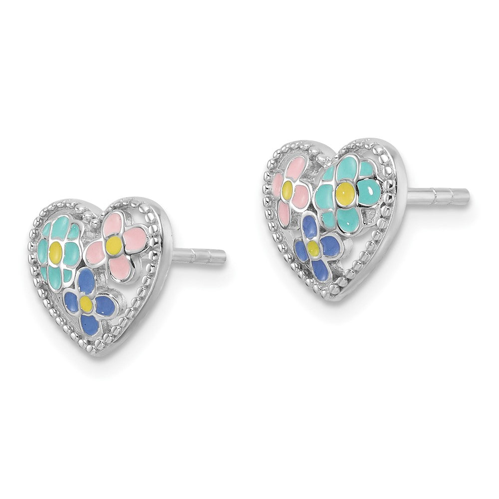 Sterling Silver RH-plated Multi-color Enameled Floral Heart Post Earrings