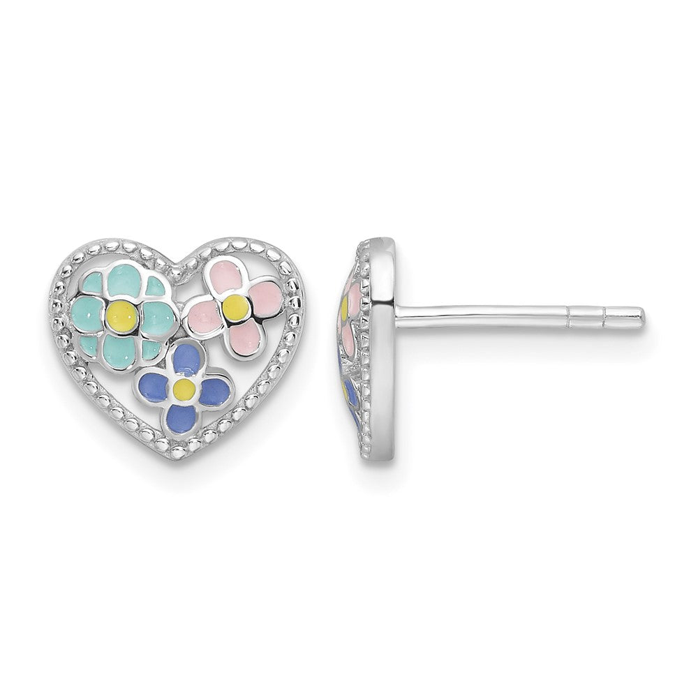 Sterling Silver RH-plated Multi-color Enameled Floral Heart Post Earrings
