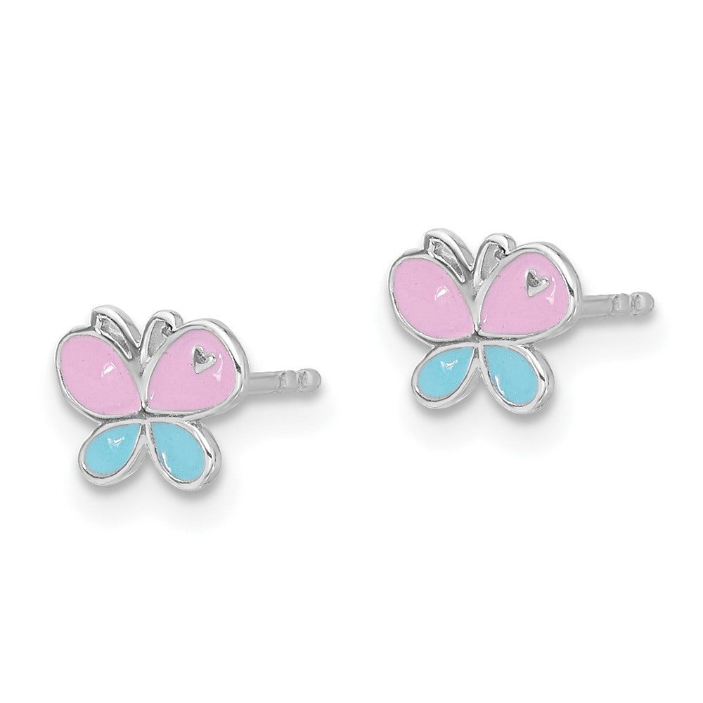 Sterling Silver RH-pltd Blue/Pink Enamel Petite Butterfly Post Earrings