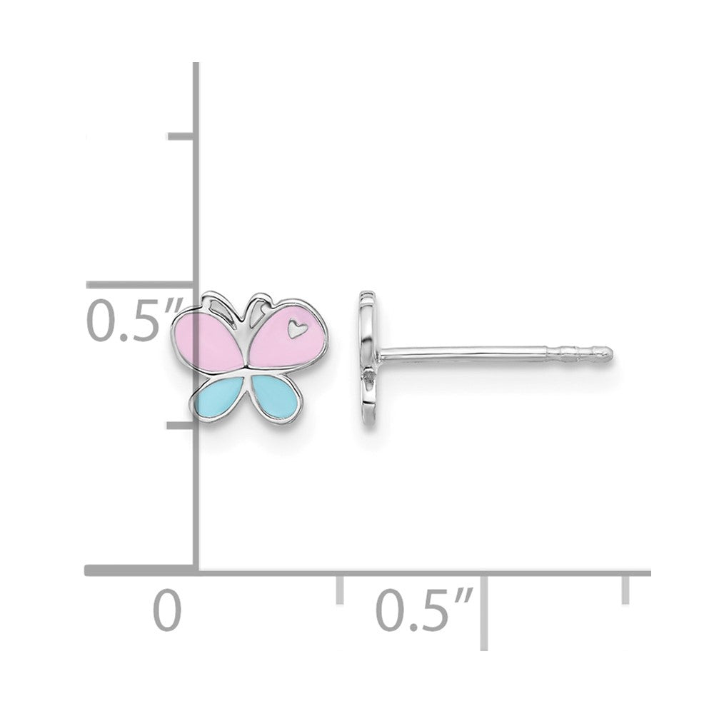 Sterling Silver RH-pltd Blue/Pink Enamel Petite Butterfly Post Earrings