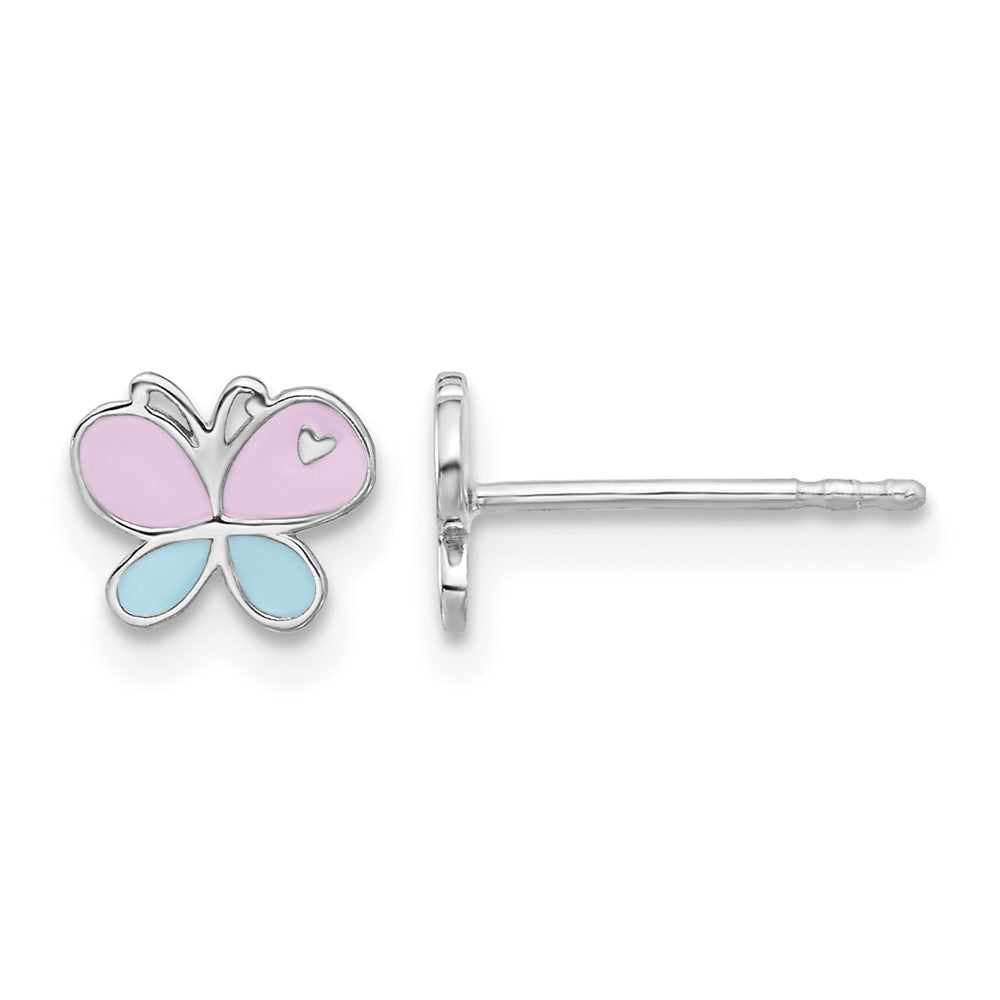 Sterling Silver RH-pltd Blue/Pink Enamel Petite Butterfly Post Earrings