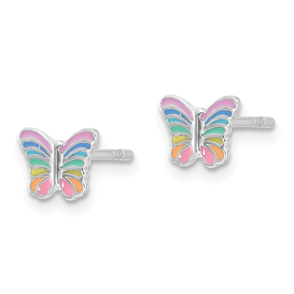 Sterling Silver RH-plated Rainbow Pastel Enamel Butterfly Post Earrings