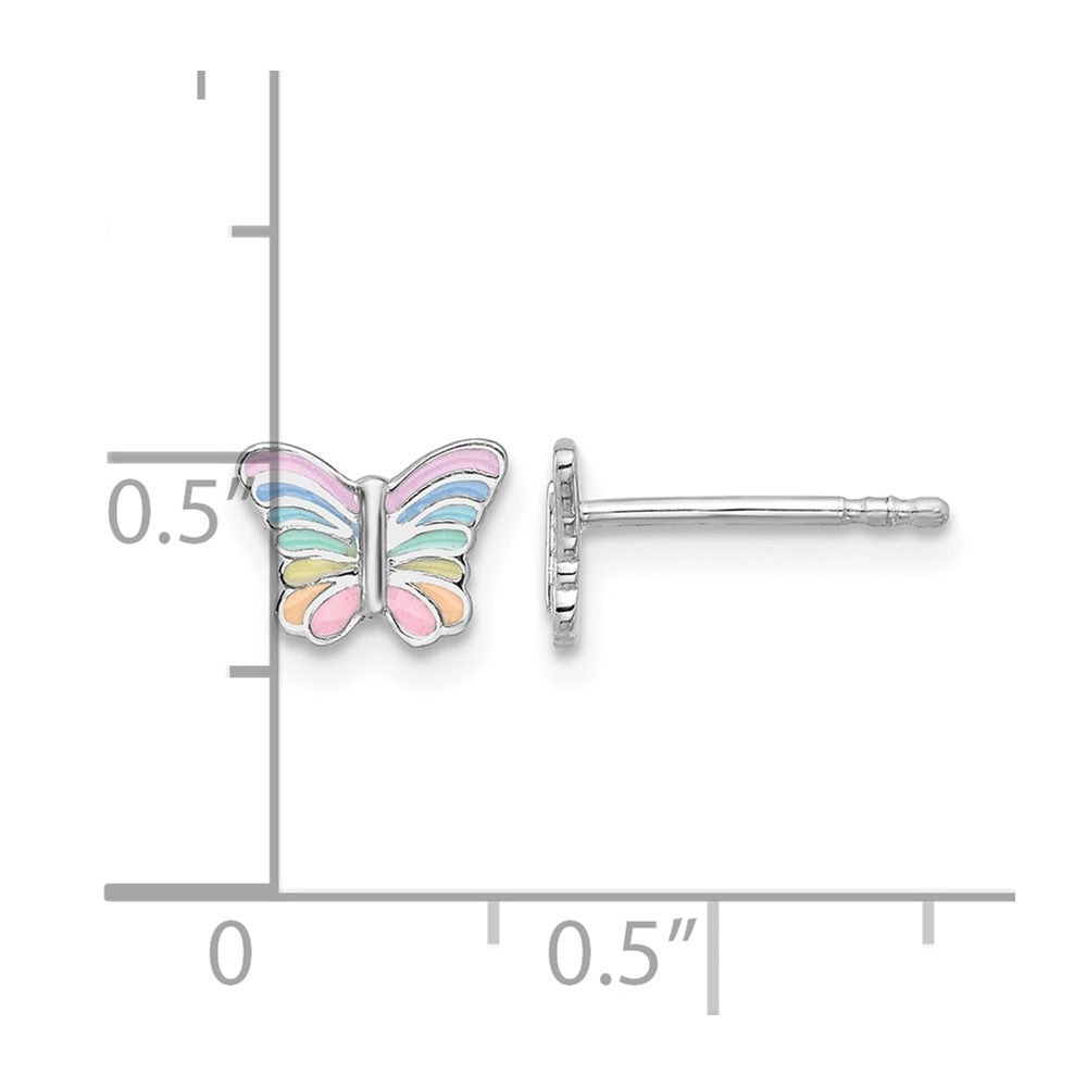 Sterling Silver RH-plated Rainbow Pastel Enamel Butterfly Post Earrings