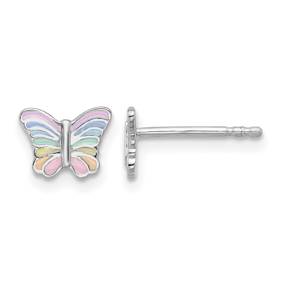 Sterling Silver RH-plated Rainbow Pastel Enamel Butterfly Post Earrings