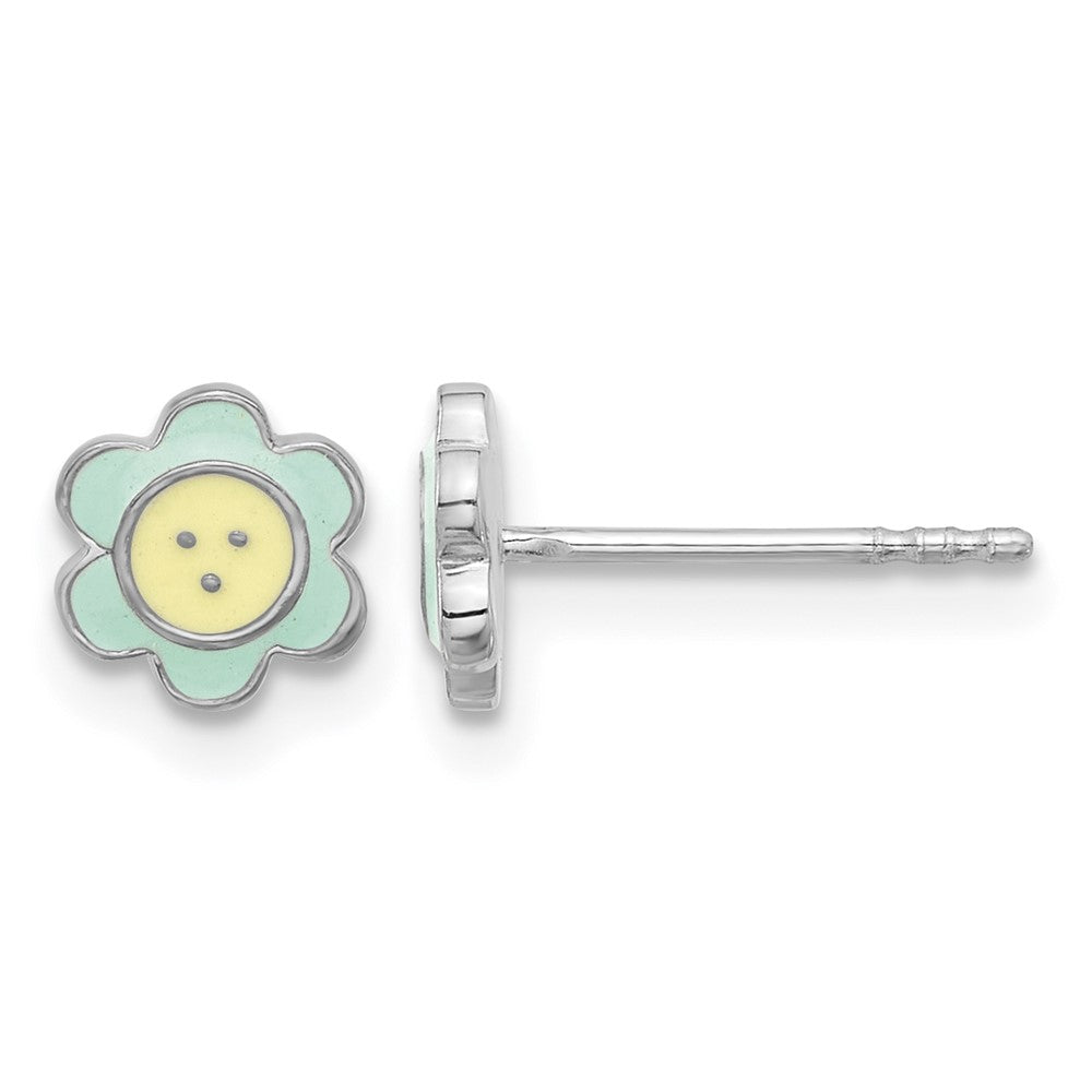 Sterling Silver Rhodium-plated Enamel Flower Children's Post Earrings