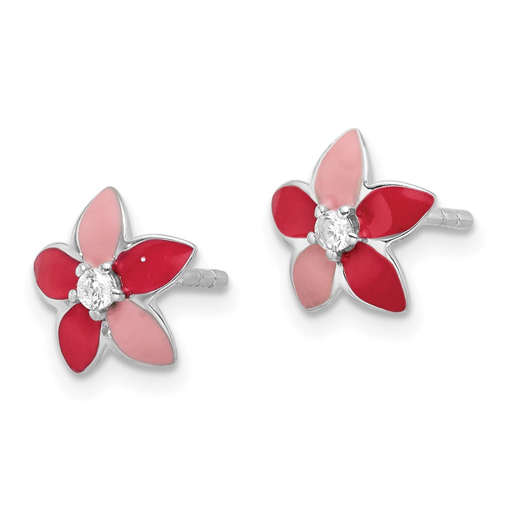 Sterling Silver RH-plated Pink Enamel & CZ Flower Post Earrings