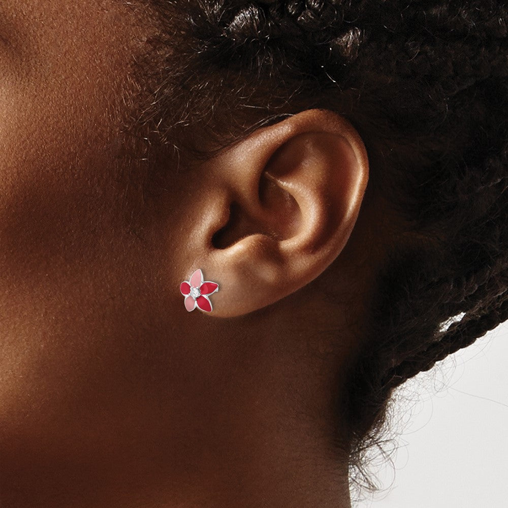 Sterling Silver RH-plated Pink Enamel & CZ Flower Post Earrings