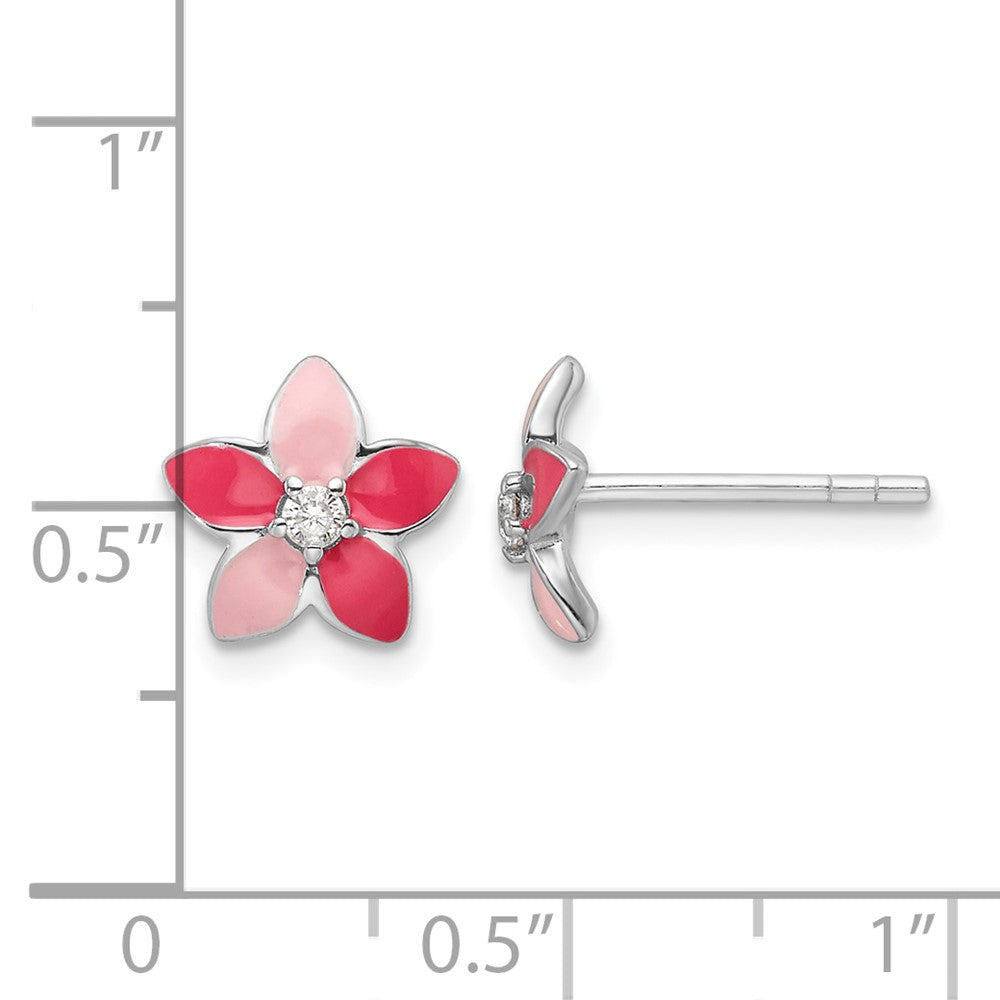 Sterling Silver RH-plated Pink Enamel & CZ Flower Post Earrings