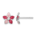 Sterling Silver RH-plated Pink Enamel & CZ Flower Post Earrings