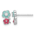 Sterling Silver RH-plated CZ & Enamel Flowers Children's Post Earrings