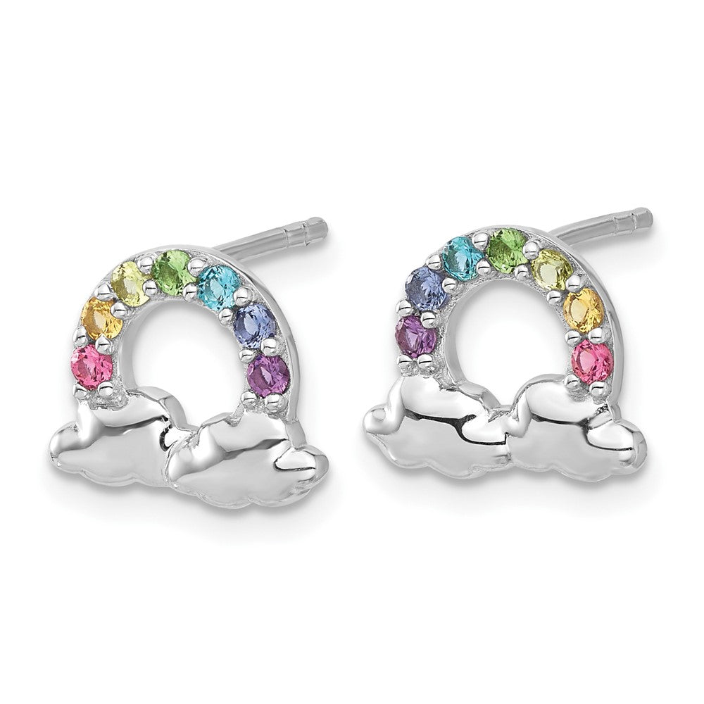 Sterling Silver RH-plated Crystal Rainbow and Clouds Petite Post Earrings