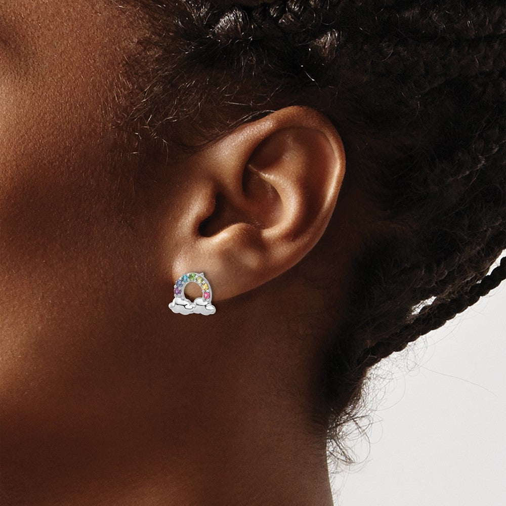Sterling Silver RH-plated Crystal Rainbow and Clouds Petite Post Earrings