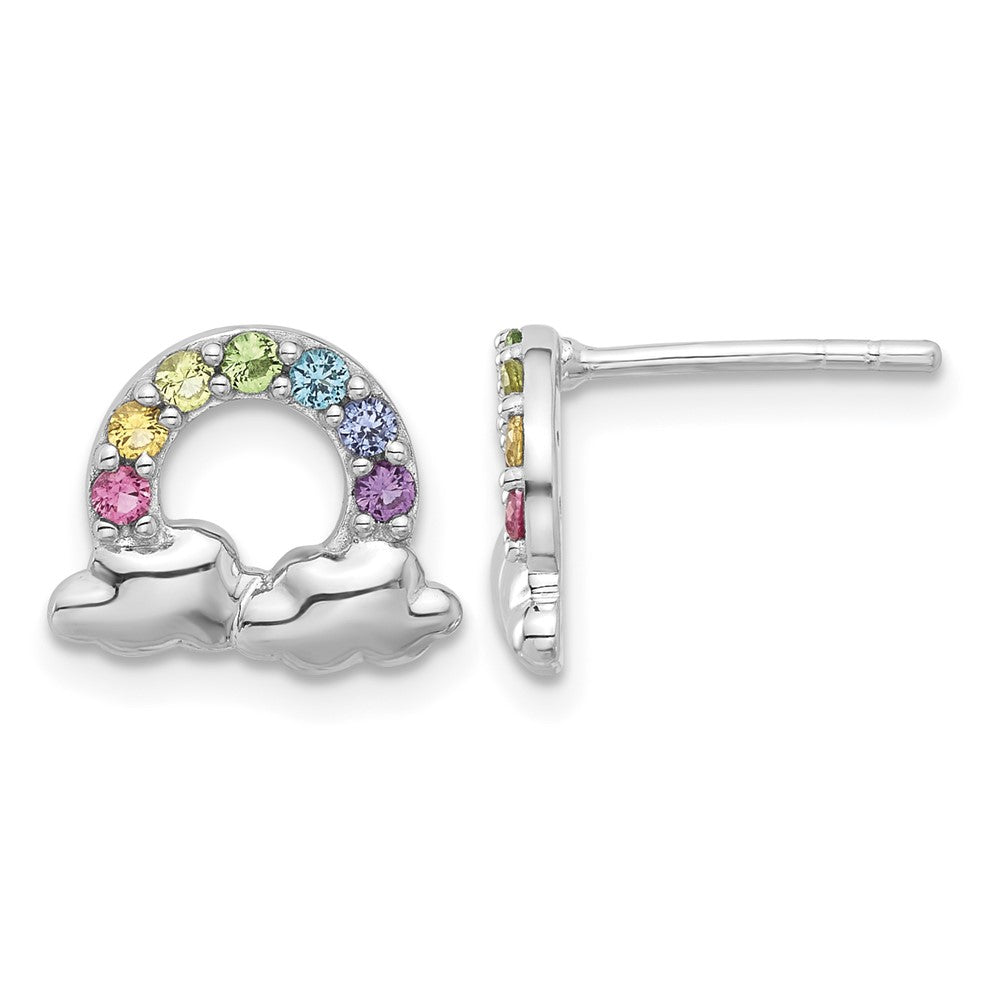 Sterling Silver RH-plated Crystal Rainbow and Clouds Petite Post Earrings