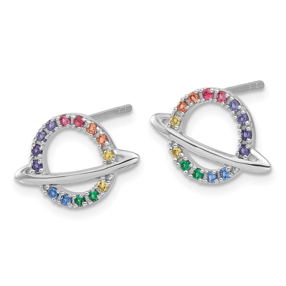 Sterling Silver Rhodium-plated Multi-color Crystal Planet Post Earring