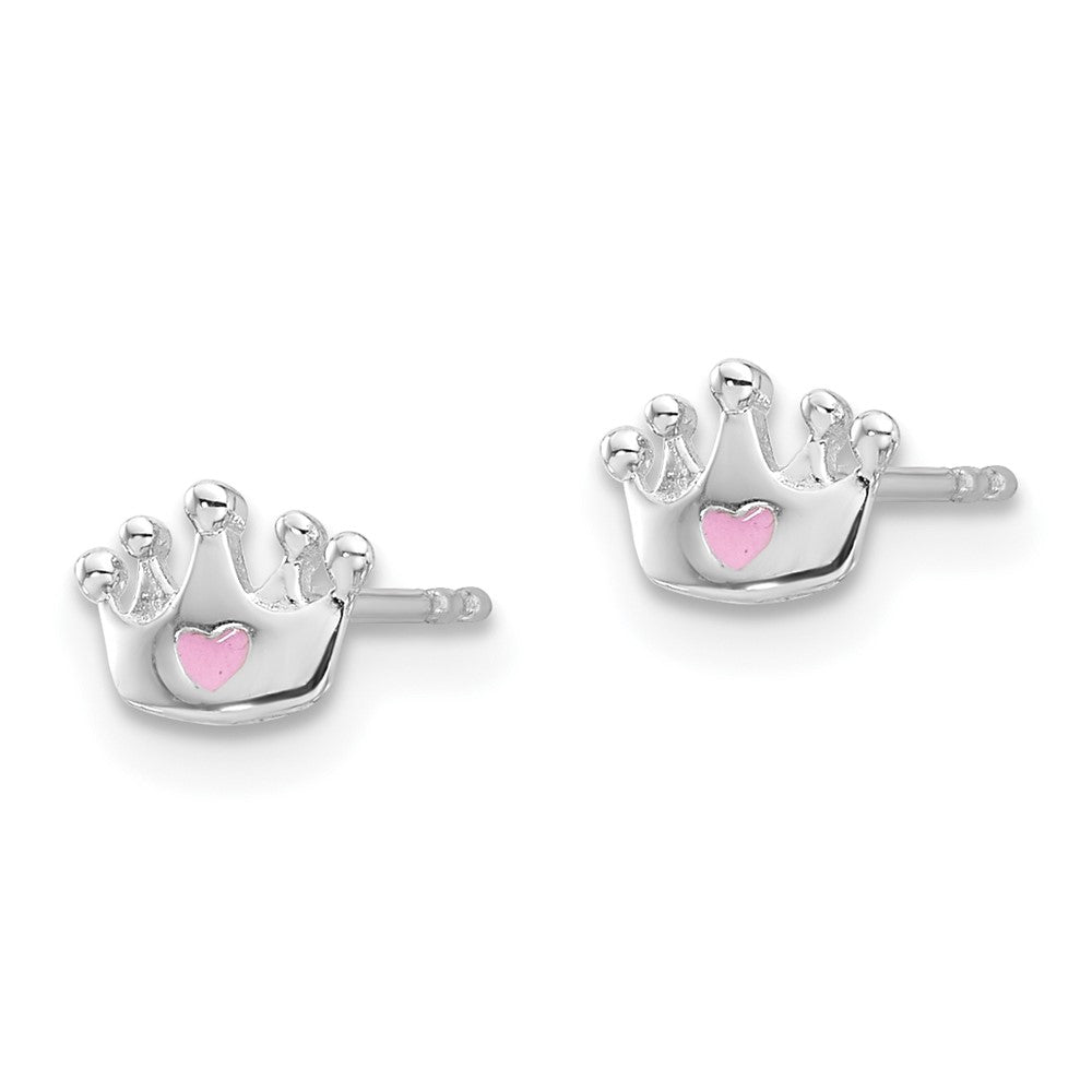 Sterling Silver RH-plated Pink Enamel Heart Crown Post Earrings