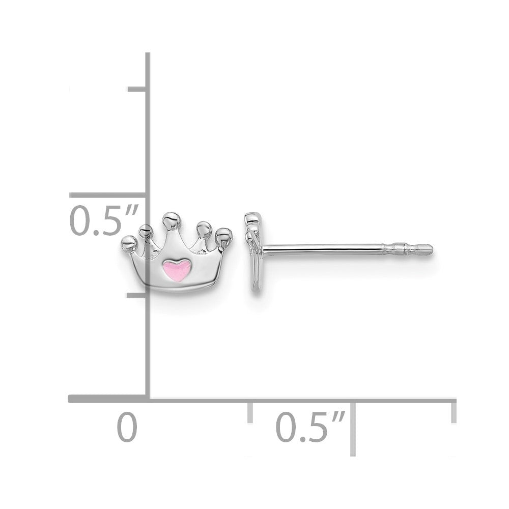 Sterling Silver RH-plated Pink Enamel Heart Crown Post Earrings