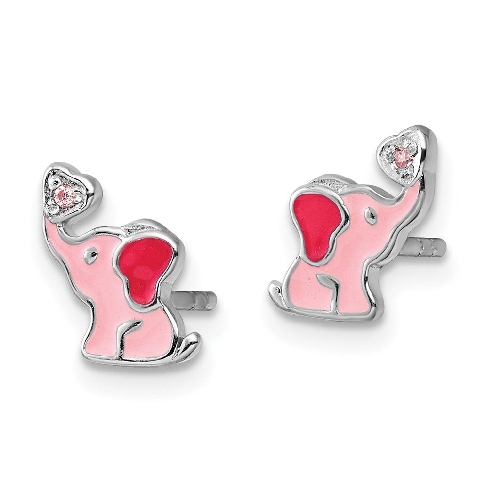 Sterling Silver RH-pltd Pink Enamel & CZ Elephant Post Earrings