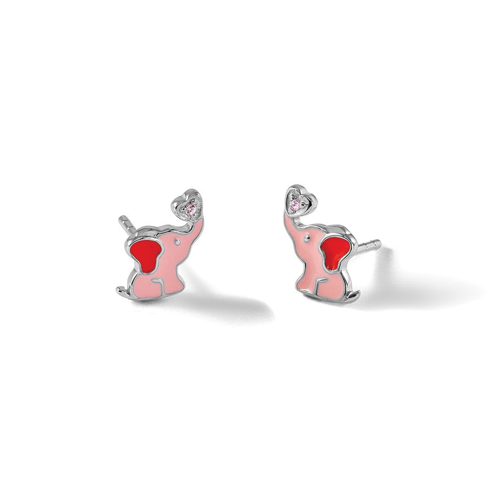Sterling Silver RH-pltd Pink Enamel & CZ Elephant Post Earrings