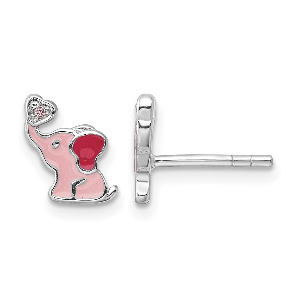 Sterling Silver RH-pltd Pink Enamel & CZ Elephant Post Earrings