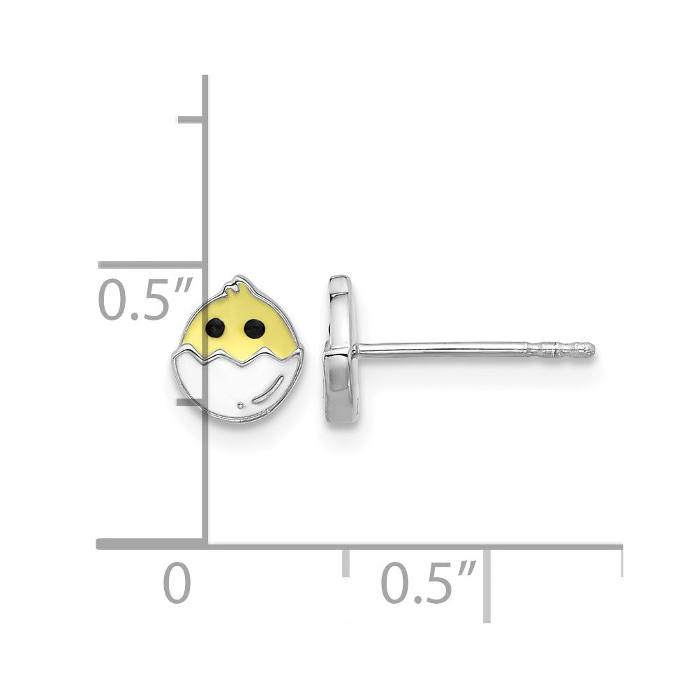 Sterling Silver Rhodium-plated Enameled Chick in Egg Petite Post Earrings